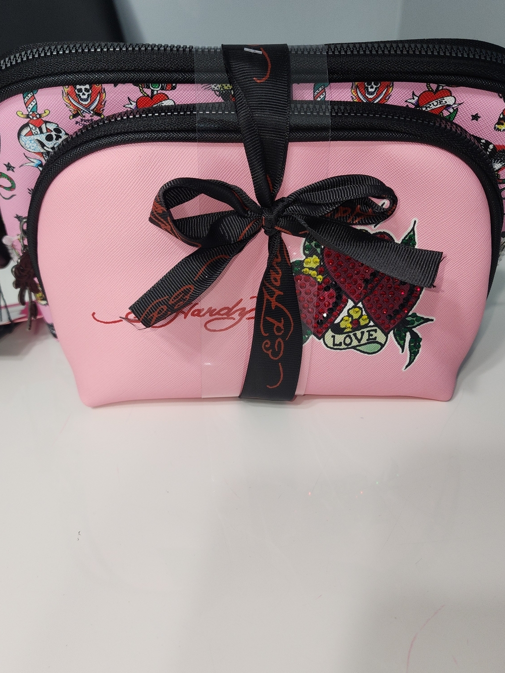 Ed Hardy Pink Sequin Heart Bow Cosmetic Pouch